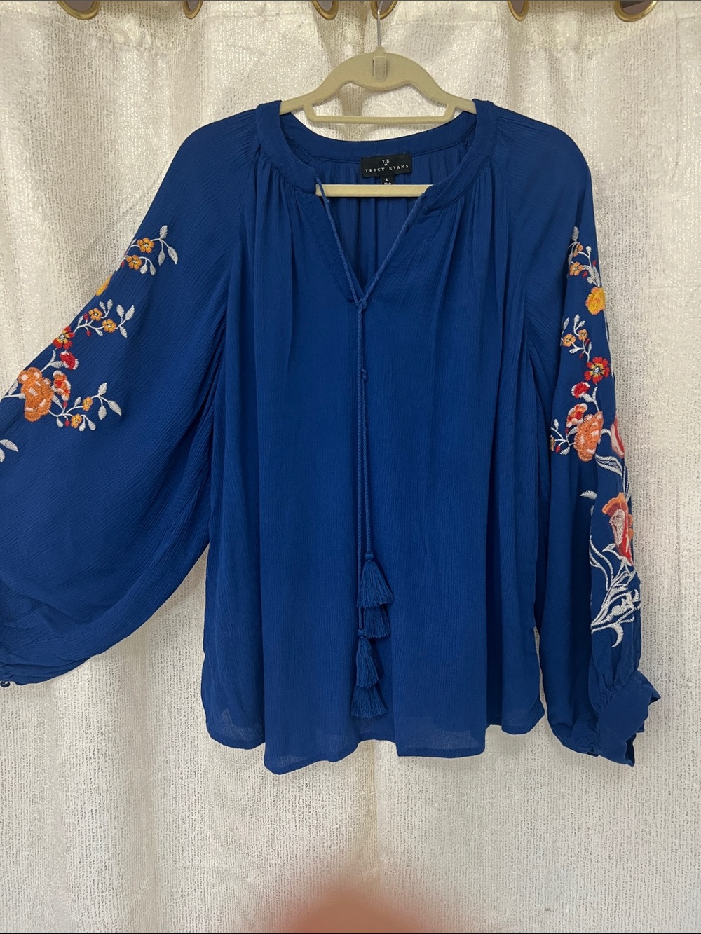 Tracy Evans Royal Blue Embroidered Long Sleeved Tassel Peasant Blouse